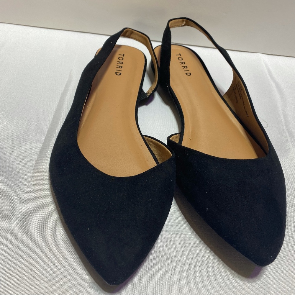 New Torrid Black Faux Suede Sling Back Pointed Toe Flats Size 9W